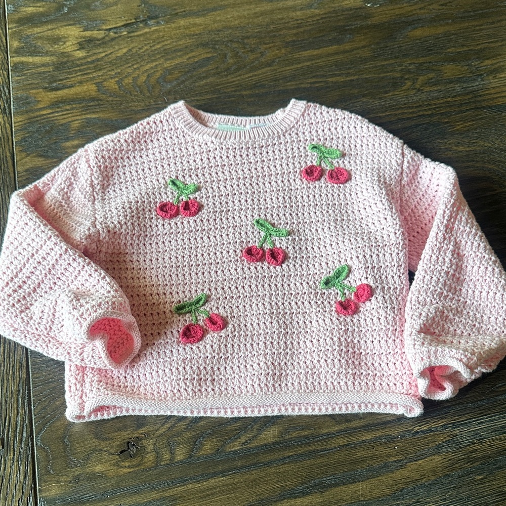 Zara Light Pink Crochet Sweater with Cherry Embroidery
